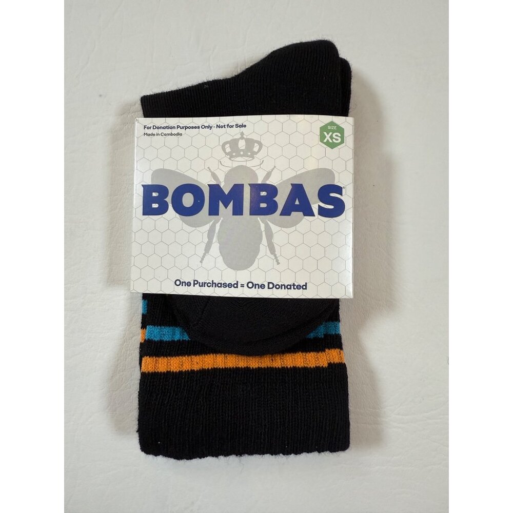 Bombas Kids Black Socks X-Small W/ Orange & Blue Stripes Antimicrobial Polyester